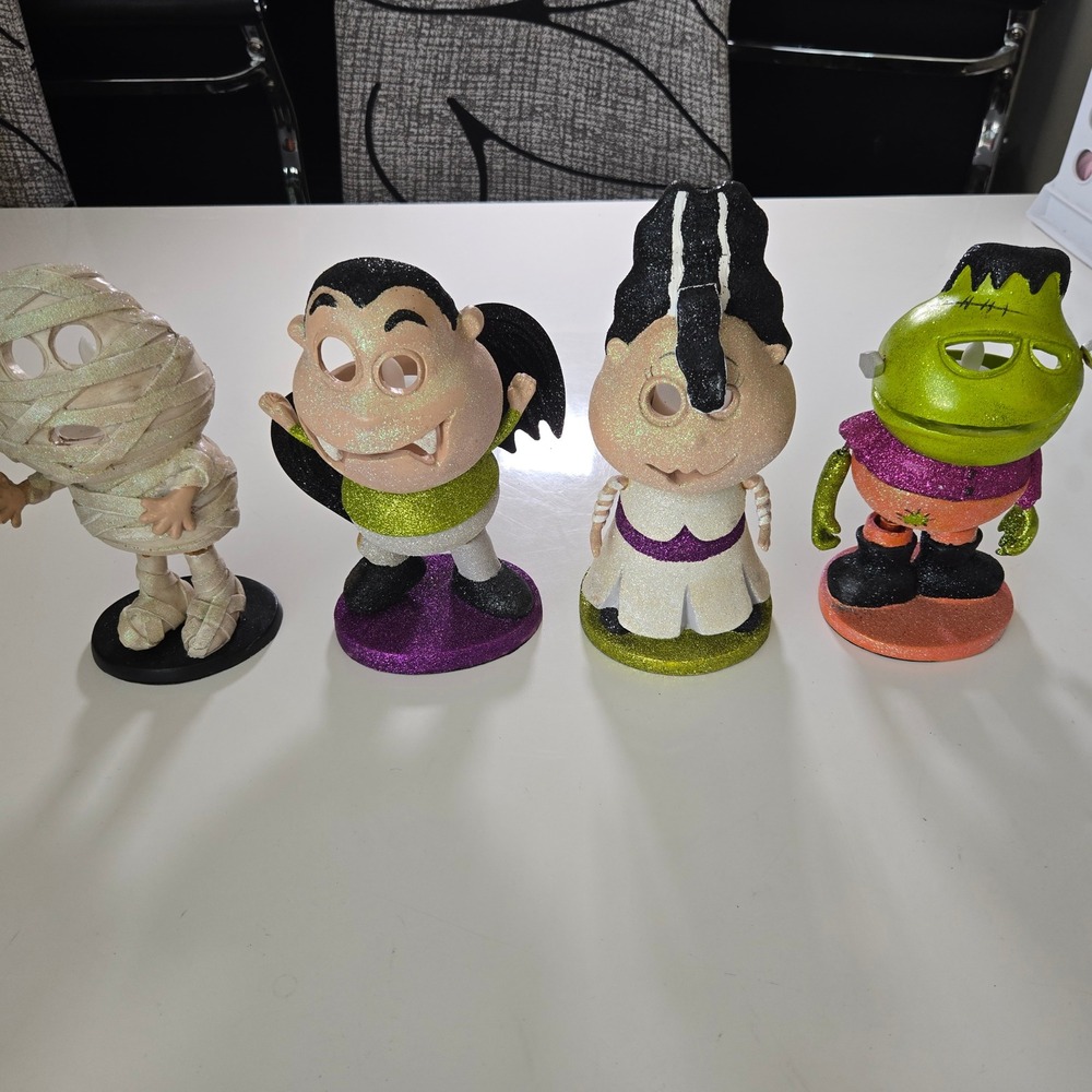 Vtg Halloween Glitter Monster Tea Light Holder Set Wobble Bobble Figures 4pc